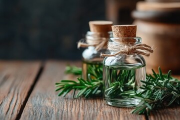 Small corked bottles of essential oils with sprigs of rosemary arranged on rustic wooden table, exuding natural charm.