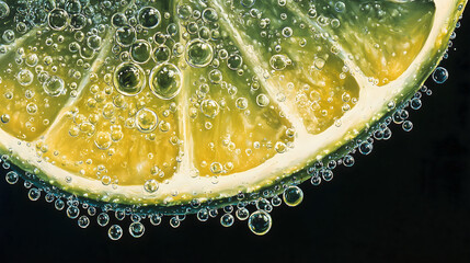 Lithograph print of a lime slice with bubbles, against a black background