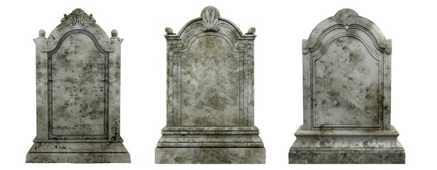 set of three stone tombstone isolated on transparent background grave