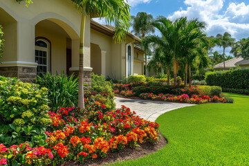 Obraz premium Beautiful florida house with bright flowers under clear sky at midday