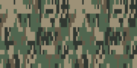 Camouflage pattern background seamless vector illustration. Classic clothing style masking camo repeat print. Green brown black olive colors forest texture