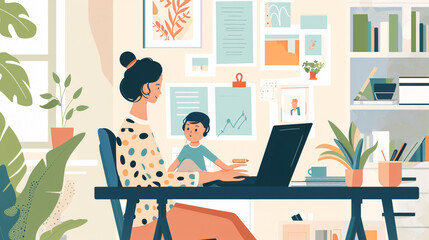 Remote mother with child working at home. Hybrid work, telecommuting, teleconference work from anywhere, remote office, laptop computer, businesswoman work, distributed work, webcam conference call.