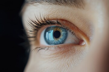 Close-up of a vibrant blue eye reflecting light, surrounded by dark lashes, on a stark black background.
