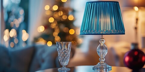 Fototapeta premium A vividly illuminated blue lampshade stands out against a blurred background, creating a romantic holiday ambiance. A crystal glass on the table enhances the festive mood with gentle lighting.