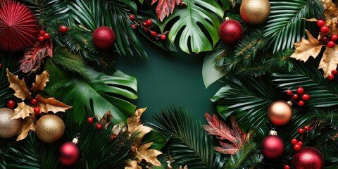 A mockup featuring tropical foliage adorned with Christmas decorations showcases an eye catching blend of vibrant leaves and festive ornaments.