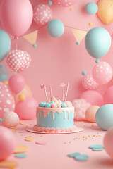A colorful birthday cake with candles and balloons in a pink and blue background