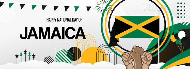 Jamaica independence day festive banner. Vibrant modern templates for holiday celebration, greeting card, billboard, and sport event backdrops. August 6th. Happy national day of Jamaica