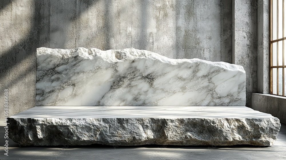 Poster realistic 3d-rendered white stone slabs with textured edges for product display purposes