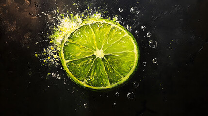 Oil painting of a lime, with a black background. The lime slice has green powder 