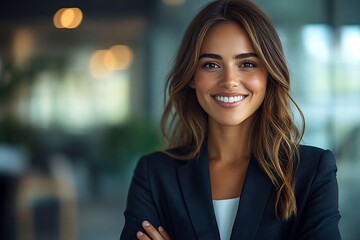 Smiling Businesswoman in Suit with Wavy Hair and Confident Posture