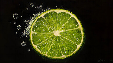 Oil painting of a lime, with a black background. The lime slice has green powder 