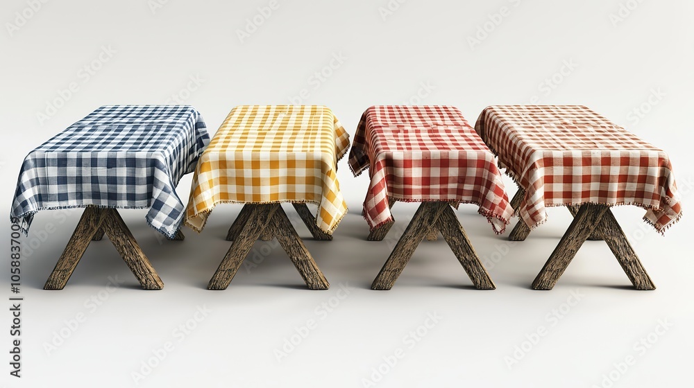 Poster realistic set of fabric tablecloths and napkins in various patterns