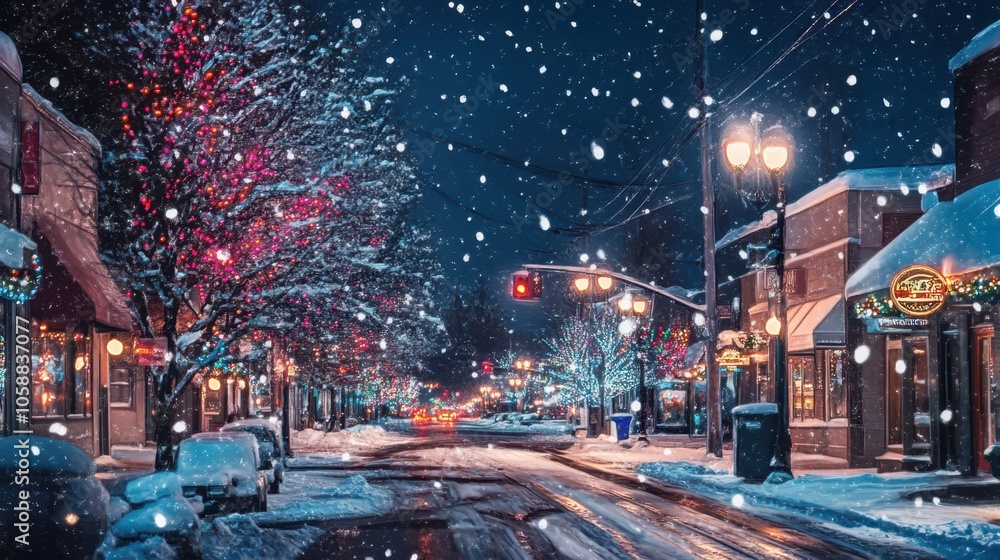 Wall mural twinkling holiday lights reflected on a snowy street