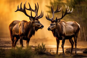 elks rubbing their antlers together their horns colliding with a