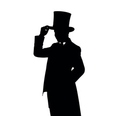 Silhouette of a magician tipping his top hat, standing confidently with one hand holding a wand,