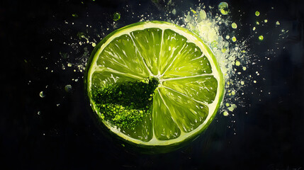 Oil painting of a lime, with a black background. The lime slice has green powder 