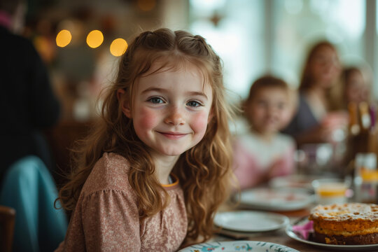 A young girl with curly hair is smiling at the camera while sitting at a table with a cake and other people
