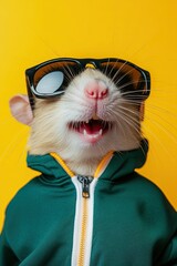 rat in black sunglasses in a tracksuit on a plain background. strong happy emotions. laughter. multi-colored background