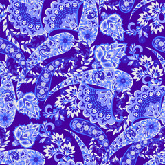 Paisley vector seamless design featuring stunning flowers and leaves in a batik-inspired style. Vintage backdrop