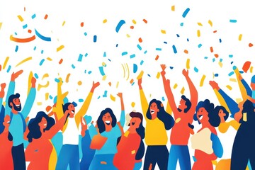 A joyful crowd of people celebrating with confetti and streamers. 