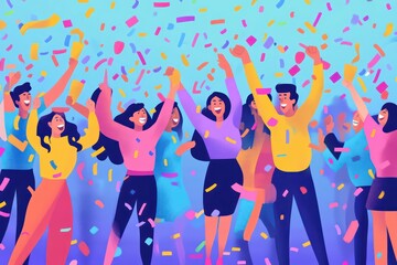 A joyful crowd of people celebrating with confetti and streamers. 