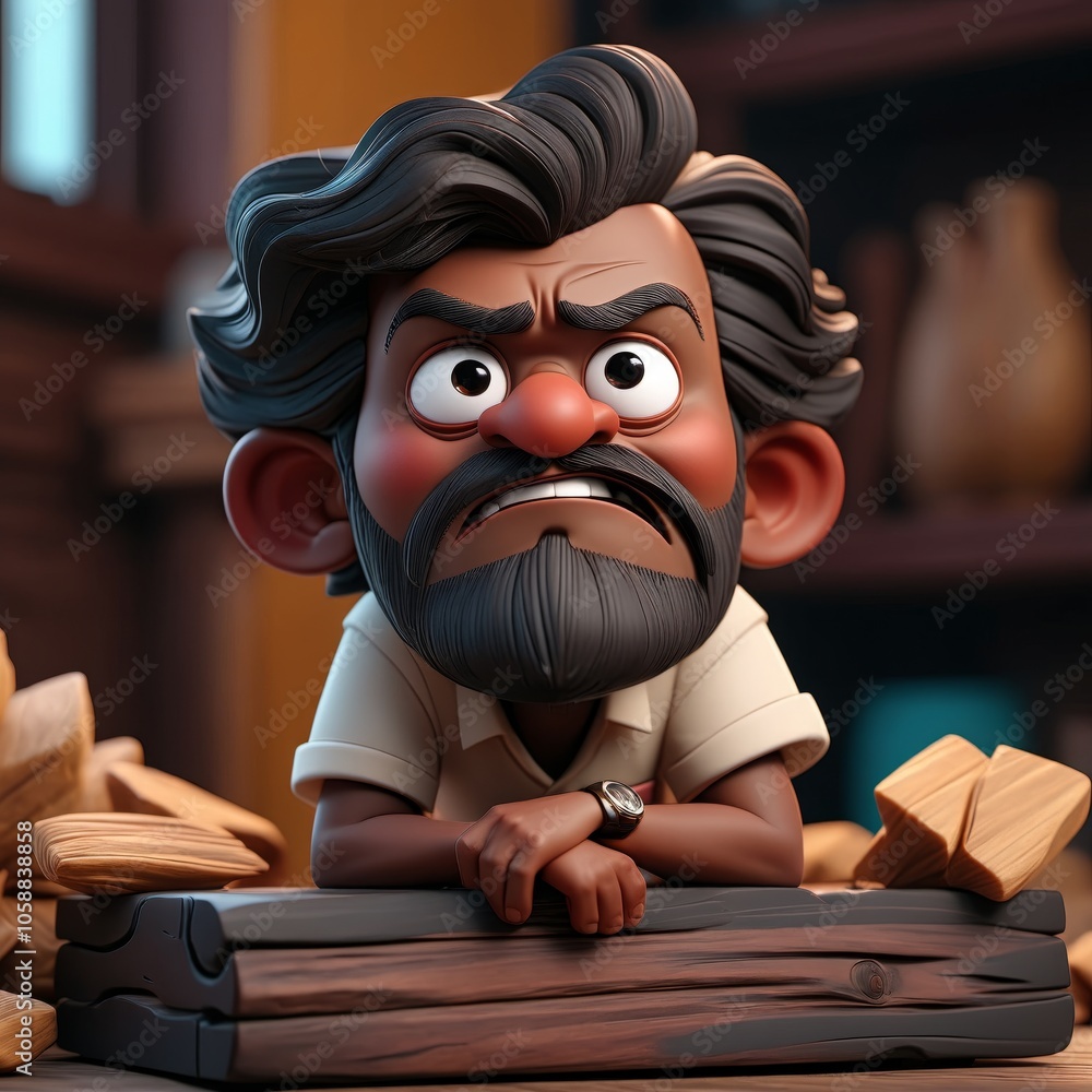 Poster animated character with beard in workshop setting, expressive and cartoonish design