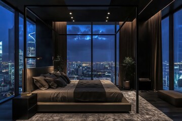 a billionaires bedroom. Dark colour scheme. Modern. Masculine. Large windows. Symmetrical layout. Four poster bed. Spacious. Opulent.