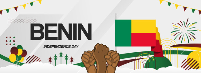 Benin independence day festive banner. Vibrant modern templates for holiday celebration, greeting card, billboard, and sport event backdrops. August 1st. Happy national day of Benin