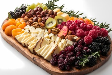 A wooden cheese platter with various strips of cheese, fruit, and nuts on a white background