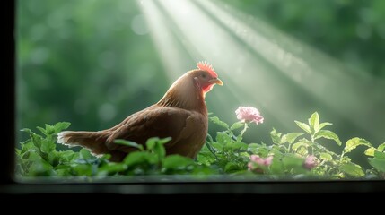 Fototapeta premium Golden Hen in Sunlit Garden Rustic Farm Animal Photography