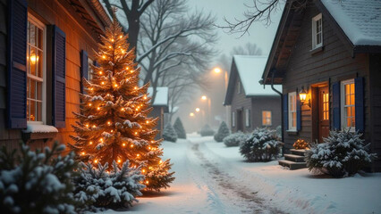 Snow-covered streets of the city, festively decorated for Christmas.