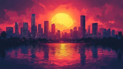 Obraz premium Retro city skyline in pop art style showing tall buildings at sunset