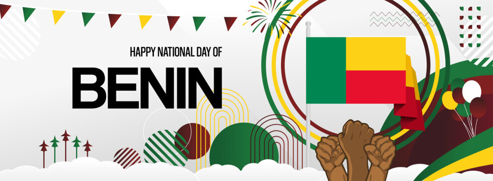 Benin independence day festive banner. Vibrant modern templates for holiday celebration, greeting card, billboard, and sport event backdrops. August 1st. Happy national day of Benin