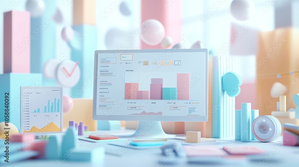 Poster computer monitor with charts and graphs in a minimalist pastel setting