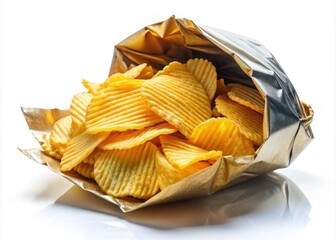 Artistic Potato Chips Bag on Smooth White Background with Light Reflection and Texture