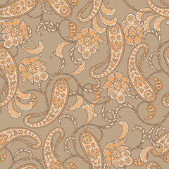 Hand drawn floral paisley seamless vector pattern. Batik style fabric