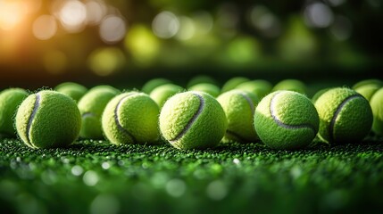 Rows of new tennis balls on green background with copy space, ideal for tennis-related banners or tournament promotions like the US Open with ample room for copy