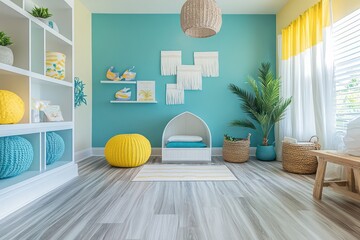 a colorful flordia condo interior design with white sandy influence, sea blue and subtle pops of yellow with vinyl plank floor 