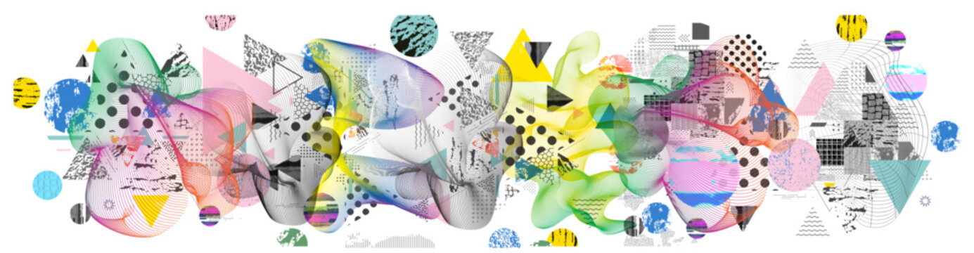 Different textures and shapes artistic vector illustration collage set. Geometric abstract design, creative background for banner, brochure, card, invitation, flyer, placard, poster, report, artwork	