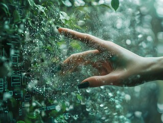 A hand reaches through a digital interface, merging technology with nature. The green foliage and circuit patterns represent innovation, connectivity, and the fusion of natural and digital worlds