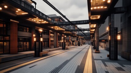 Naklejka premium Modern architectural passageway with illuminated ceilings and empty pedestrian walkway, featuring brick and glass facades under a cloudy sky.