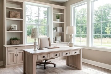 A delicate rustic home office design with a slightly modern touch, featuring light-colored cabinetry and soft, inviting details