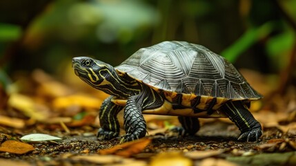 Obraz premium A Turtle Walking Through Leaves