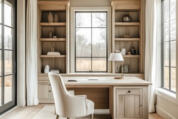 A delicate rustic home office design with a slightly modern touch, featuring light-colored cabinetry and soft, inviting details