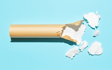 Cardboard tube with ripped toilet paper remnant on blue background, capturing themes of humor, minimalism, and resourcefulness