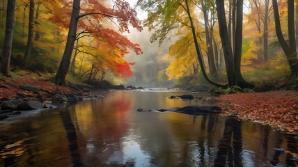 Obraz premium Serene Autumn River Scene with Vibrant Fall Foliage and Misty Forest Background