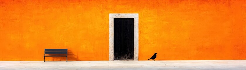 Fototapeta premium Black Bird Orange Wall Black Door Bench Minimalist Architecture