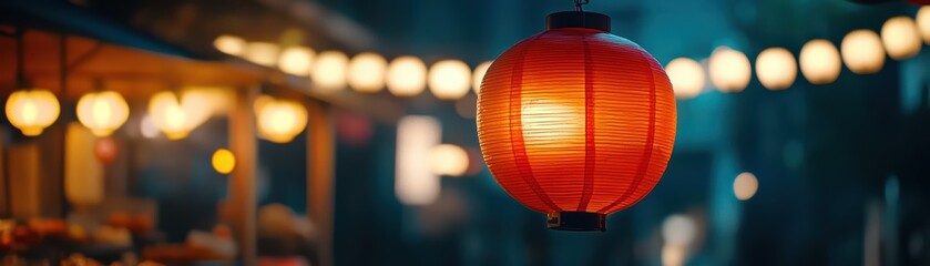 Obraz premium A vibrant red lantern glowing in the night, surrounded by soft warm lights, evoking an inviting atmosphere.