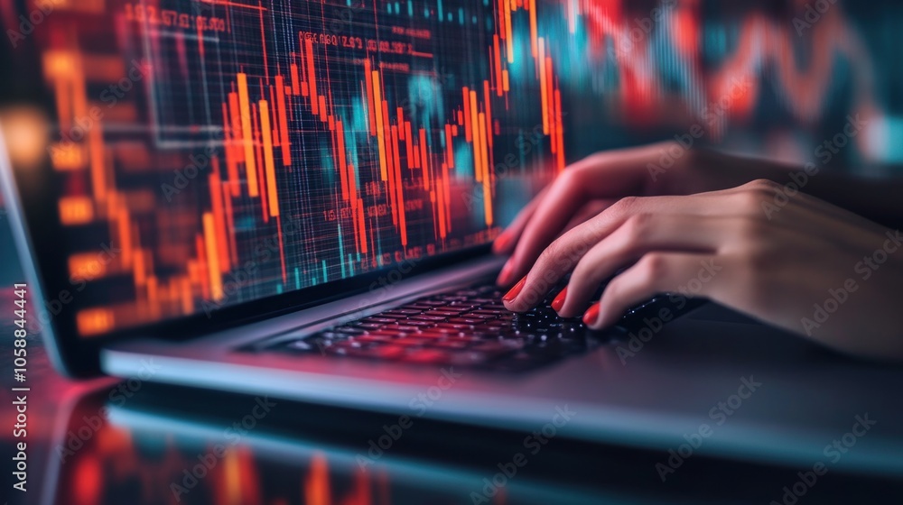 Poster hands typing on laptop with stock market data displayed on screen