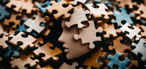 Colorful puzzle pieces forming a human head silhouette, symbolizing mental health, creativity, and problem-solving